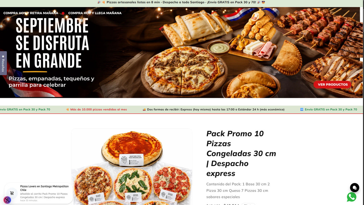 Captura del sitio E-commerce de Mr. Pizzas Congeladas, basado en la arquitectura Shopify trabajada por Alejandro Araos durante su etapa como Ingeniero E-commerce de la empresa.