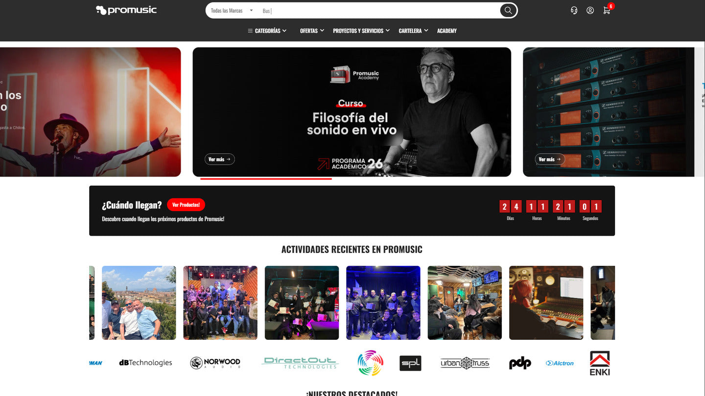 Vista de la nueva plataforma E-commerce de Promusic, mostrando navegación, contenido editorial, Academy y componentes comerciales del storefront Shopify.